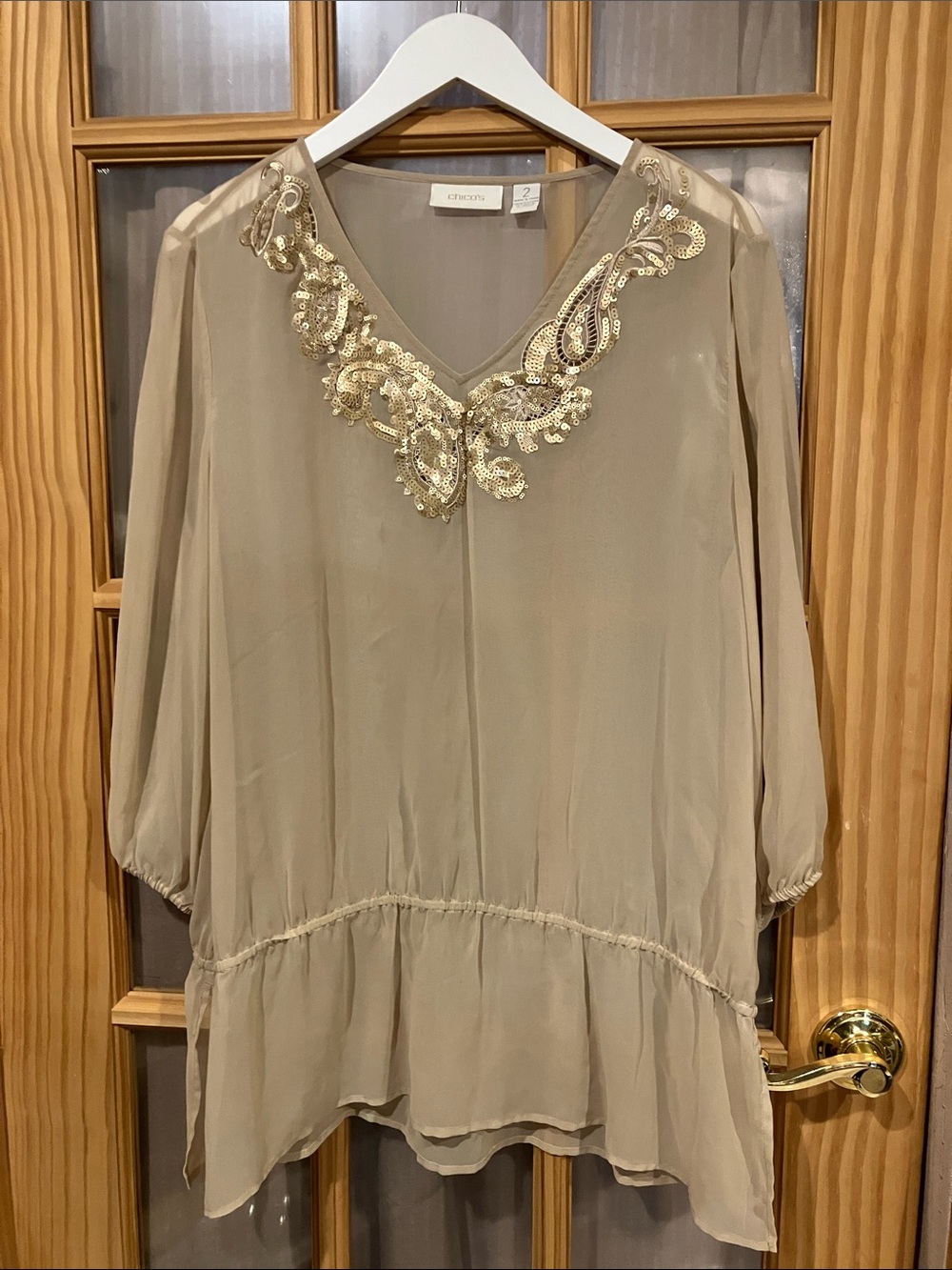 Chico's Taupe Chiffon V-Neck Tunic with Gold Sequin Embellishment